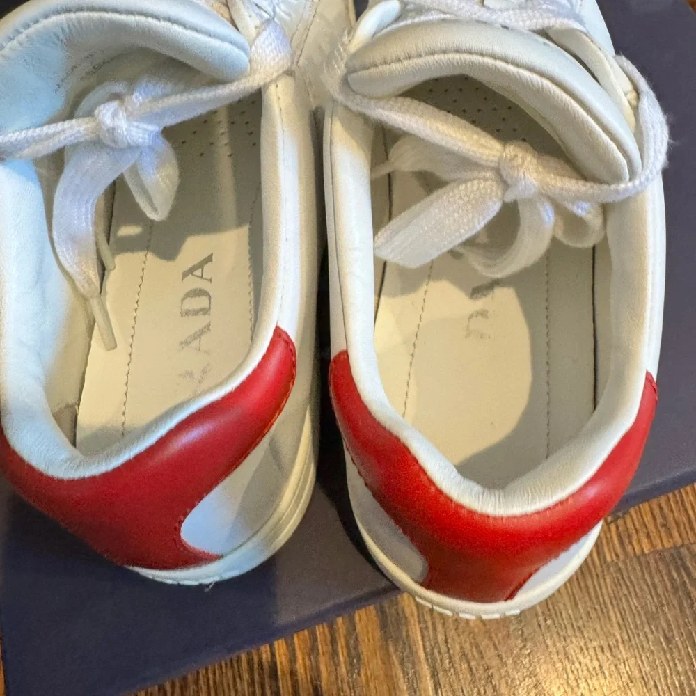 Prada White Leather Low-Top Sneakers with Red Heel - Picture 3 of 5